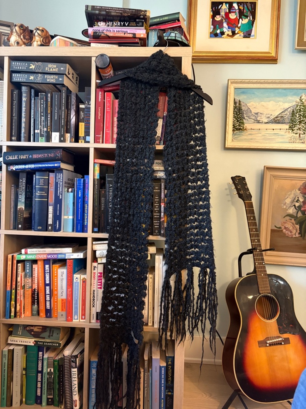 Y2K Handmade Black Chunky Crochet Scarf with Fringe - Brand Unspecified